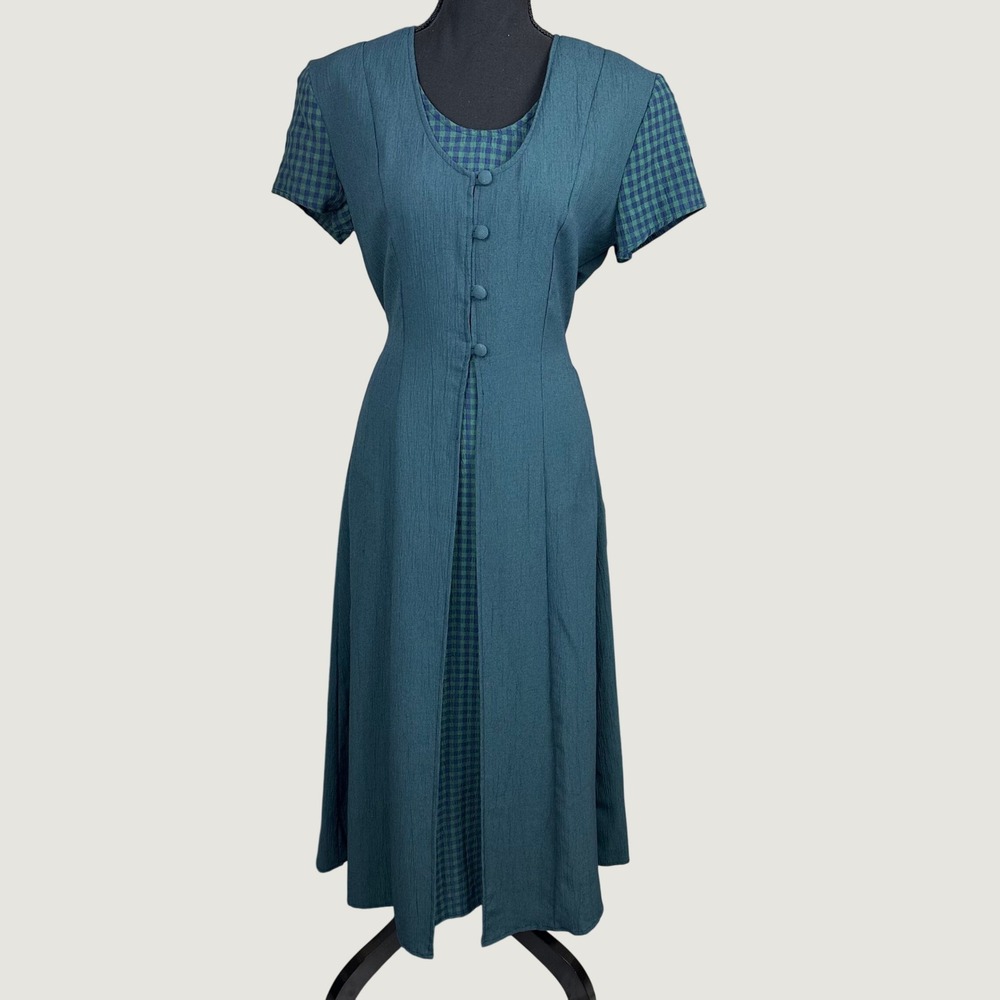 Vintage DBY Ltd Teal Gingham Plaid Layered Look Midi Dress 5/6 90s Grunge Retro